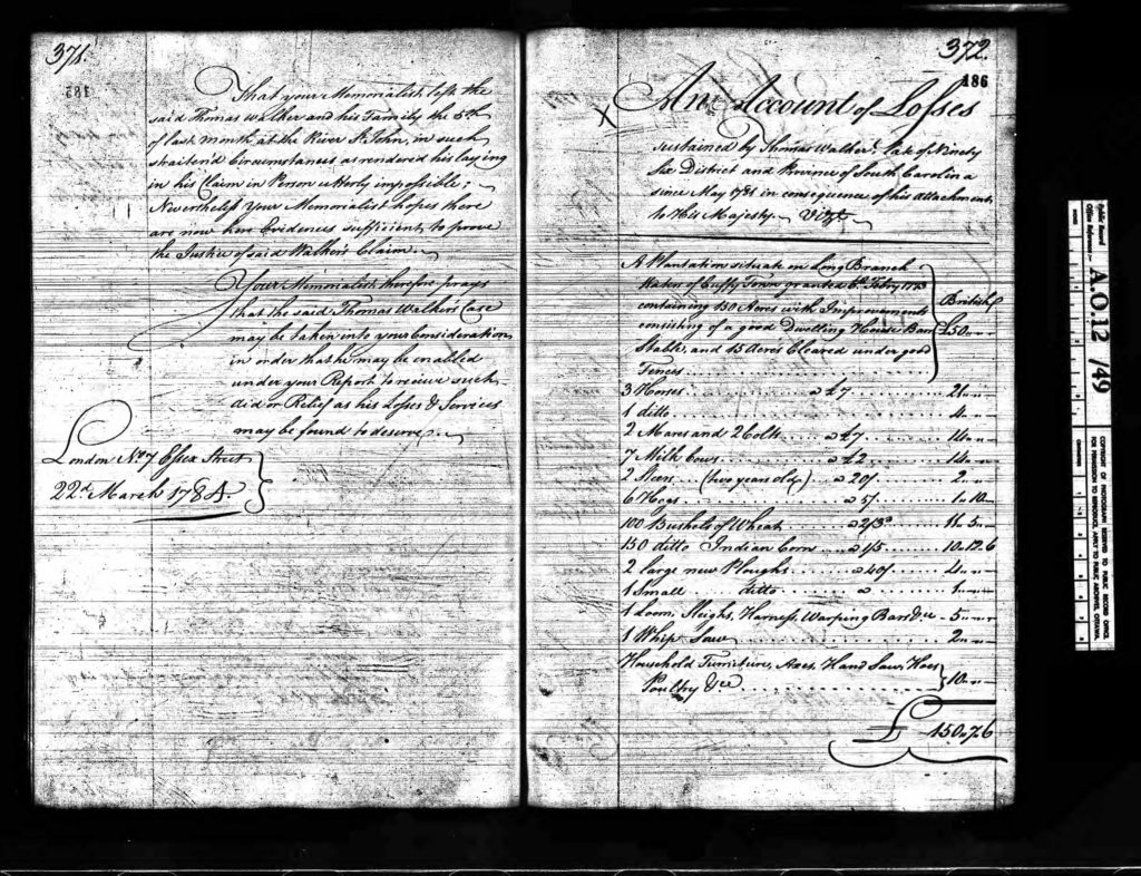 Photo of American Loyalist Claims Family Research and Thomas Walker Listed