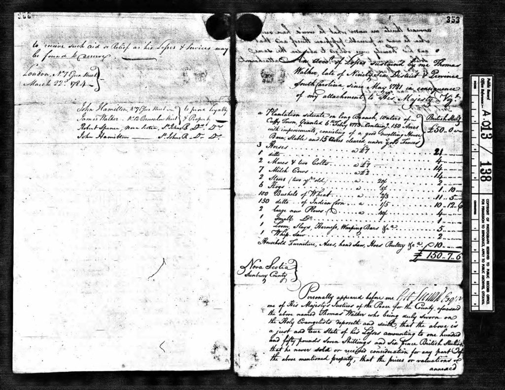 Thomas Walker - Family Research Project - Loyalist Claims Papers